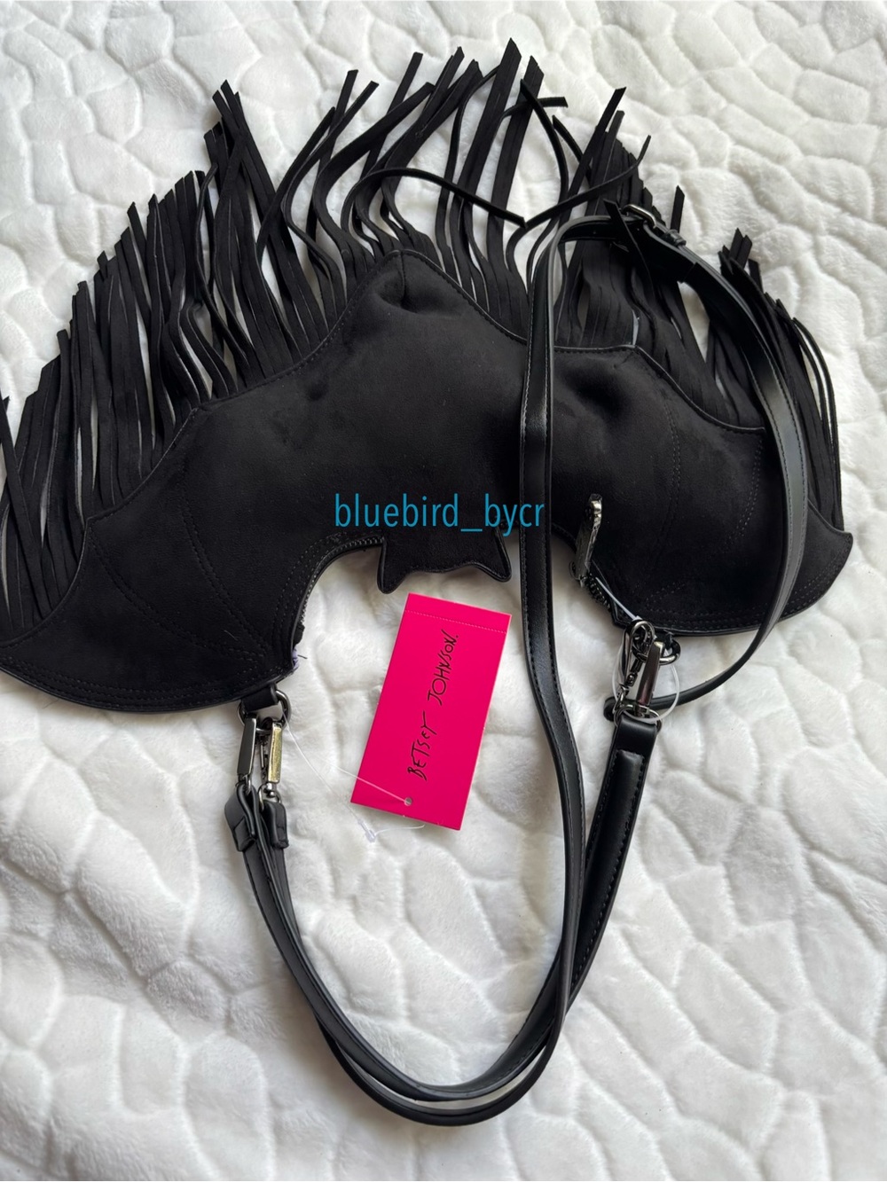 Betsey Johnson Black Bat-Shaped Crossbody Bag with Fringe - Picture 8 of 13